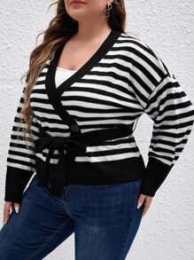 SHEIN LUNE 大碼條紋圖案拼接邊雙排釦腰帶開襟衫 - 黑與白 - 查看 4