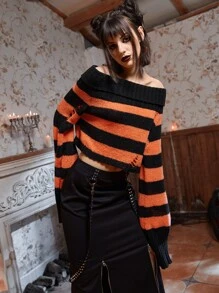 ROMWE Striped Off Shoulder Ripped Crop Sweater