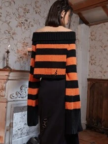 ROMWE Striped Off Shoulder Ripped Crop Sweater