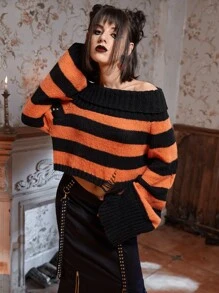 ROMWE Striped Off Shoulder Ripped Crop Sweater