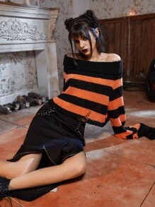 ROMWE Striped Off Shoulder Ripped Crop Sweater