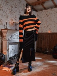 ROMWE Striped Off Shoulder Ripped Crop Sweater