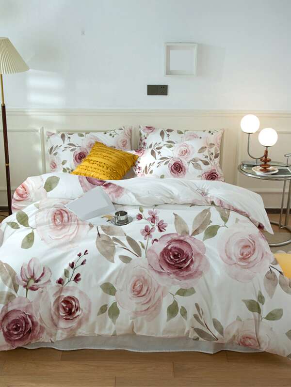 3pcs Digital Print Bedding Set, 1 Duvet Cover & 2 Pillowcases, White, Machine Washable, Suitable For Dorms & Bedrooms