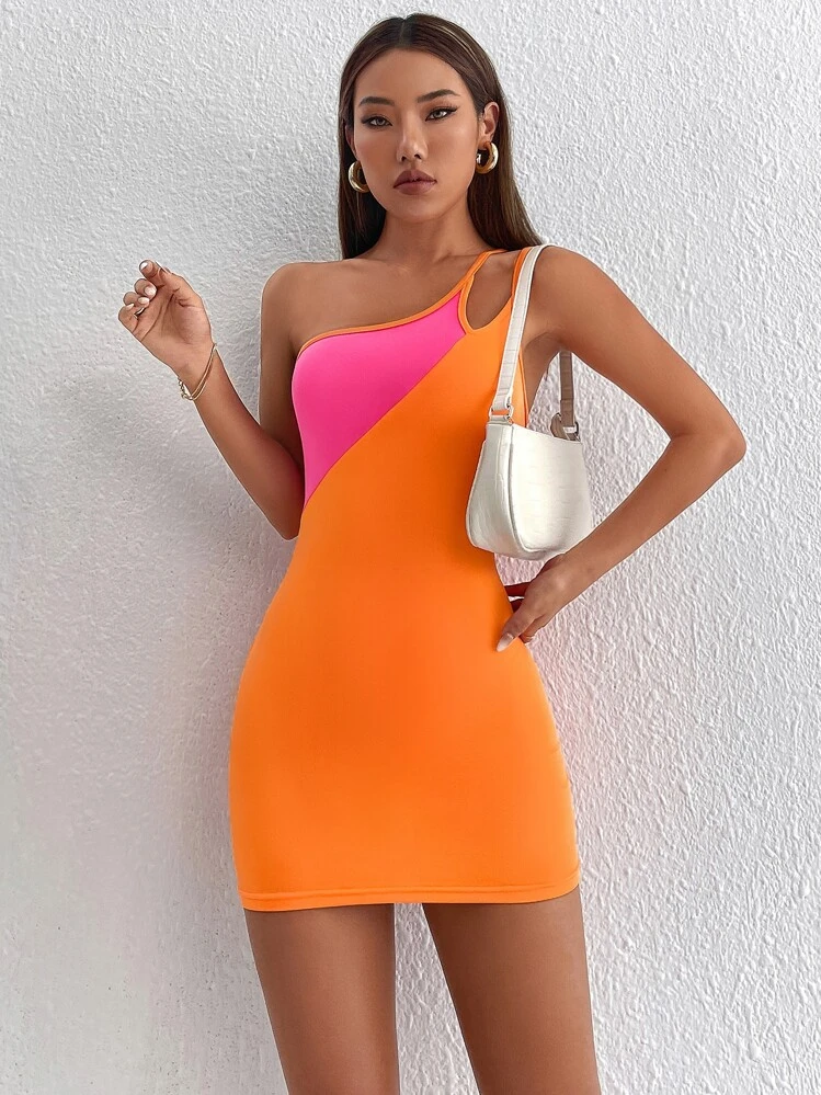 SHEIN PETITE Robe moulante asymétrique à blocs de couleurs - Orange - Voir 5