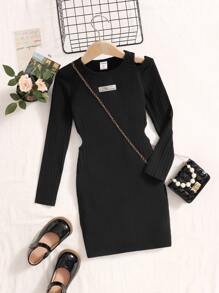 SHEIN Đầm Gái Gân đan Cắt ra Đắp vá màu trơn Ăn mặc đẹp - màu đen - Xem 1