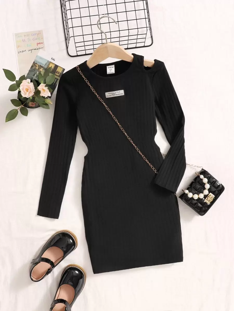 SHEIN Đầm Gái Gân đan Cắt ra Đắp vá màu trơn Ăn mặc đẹp - màu đen - Xem 1