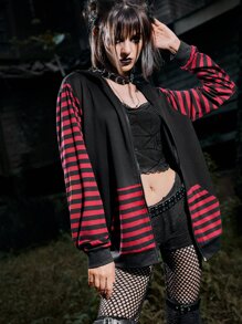 ROMWE Grunge Punk 條紋圖案拉鏈開襟3D耳朵設計抽繩連帽衫 - 彩色 - 查看 1