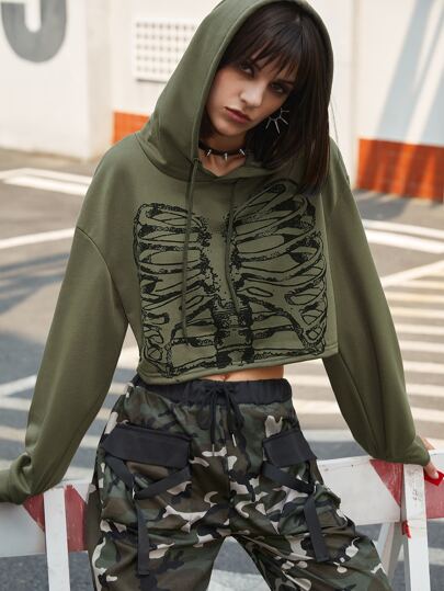 Street Life Skeleton Graphic Crop Hoodie