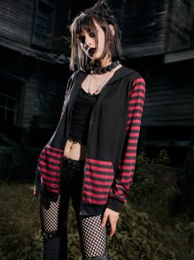 ROMWE Grunge Punk 條紋圖案拉鏈開襟3D耳朵設計抽繩連帽衫 - 彩色 - 查看 3