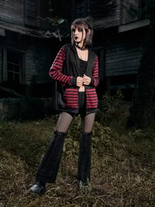 ROMWE Grunge Punk 條紋圖案拉鏈開襟3D耳朵設計抽繩連帽衫 - 彩色 - 查看 4