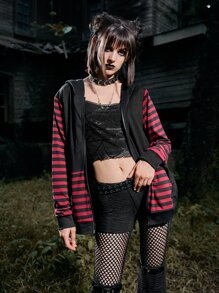 ROMWE Grunge Punk 條紋圖案拉鏈開襟3D耳朵設計抽繩連帽衫 - 彩色 - 查看 5