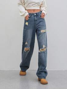 DAZY Cut Out Ripped Frayed Straight Leg Jeans Festival - Medium Wash - View 4