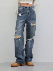DAZY Cut Out Ripped Frayed Straight Leg Jeans Festival - Medium Wash - View 1