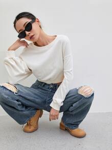 DAZY Cut Out Ripped Frayed Straight Leg Jeans Festival - Medium Wash - View 2