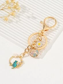 Rhinestone Decor Flower & Cat Charm Keychain - Multicolor - View 1
