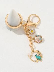 Rhinestone Decor Flower & Cat Charm Keychain - Multicolor - View 2