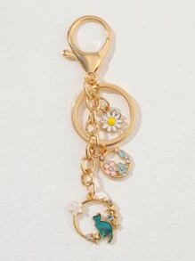 Rhinestone Decor Flower & Cat Charm Keychain - Multicolor - View 3