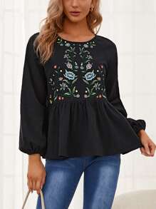 SHEIN Floral Embroidery Ruffle Hem Top - Black - View 1