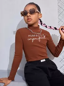 SHEIN Girls Letter Graphic Mock Neck Tee - Rust Brown - View 1