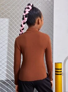 SHEIN Girls Letter Graphic Mock Neck Tee - Rust Brown - View 2