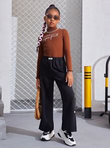 SHEIN Girls Letter Graphic Mock Neck Tee - Rust Brown - View 3