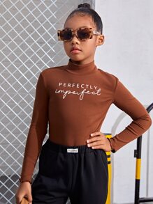 SHEIN Girls Letter Graphic Mock Neck Tee - Rust Brown - View 4