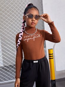 SHEIN Girls Letter Graphic Mock Neck Tee - Rust Brown - View 5