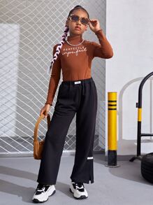 SHEIN Girls Letter Graphic Mock Neck Tee - Rust Brown - View 6