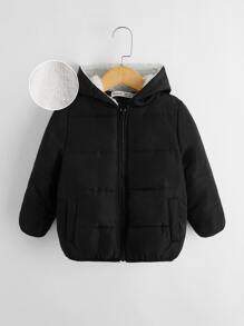 SHEIN 男童斜口袋泰迪熊衬里连帽棉服外套（无套衫） - 黑色 - 查看 1
