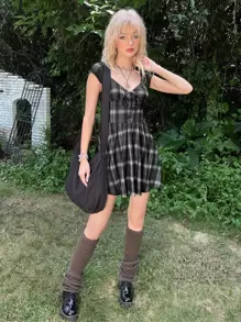 ROMWE PUNK Grunge Plaid Print Knotted Front Lace Trim Dress