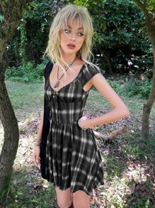 ROMWE PUNK Grunge Plaid Print Knotted Front Lace Trim Dress