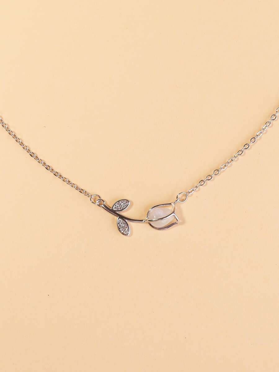 水鑽裝飾花朵掛飾項鍊 - 銀色 - 查看 1