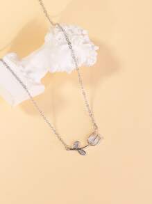 水鑽裝飾花朵掛飾項鍊 - 銀色 - 查看 2