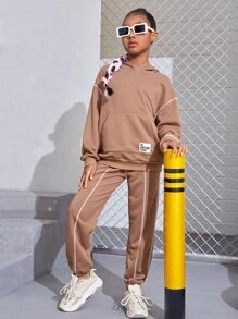 SHEIN Girls Patch Detail Drop Shoulder Hoodie & Joggers - Apricot - View 1