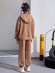 SHEIN Girls Patch Detail Drop Shoulder Hoodie & Joggers - Apricot - View 2