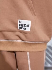 SHEIN Girls Patch Detail Drop Shoulder Hoodie & Joggers - Apricot - View 3