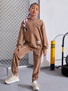 SHEIN Girls Patch Detail Drop Shoulder Hoodie & Joggers - Apricot - View 4