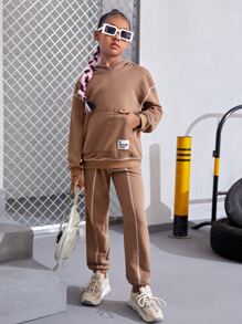 SHEIN Girls Patch Detail Drop Shoulder Hoodie & Joggers - Apricot - View 5