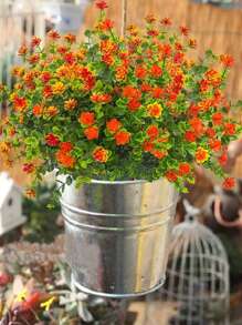 1入/2入/4入/6入人造花，假戶外UV防曬人造黃杨灌木，人造塑料綠植，適用於外掛花盆、庭院、婚禮、室內、家庭、廚房、農家裝飾 - 亮橙色 - 查看 6