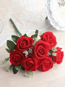 1 Bunch Valentines Rose Flowers Artificial Rose Flowers Velvet Roses Silk Rose Realistic Faux Red Rose Bouquets For Wedding Party Home Decor Valentine's Day Gifts For Her Birthday Gifts For Women, Valentine Day, Gift