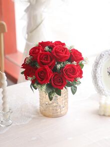 1 Bunch Valentines Rose Flowers Artificial Rose Flowers Velvet Roses Silk Rose Realistic Faux Red Rose Bouquets For Wedding Party Home Decor Valentine's Day Gifts For Her Birthday Gifts For Women, Valentine Day, Gift