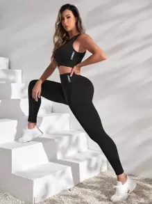 Yoga Trendy Set bộ đồ thể thao Lá thư - màu đen - Xem 4