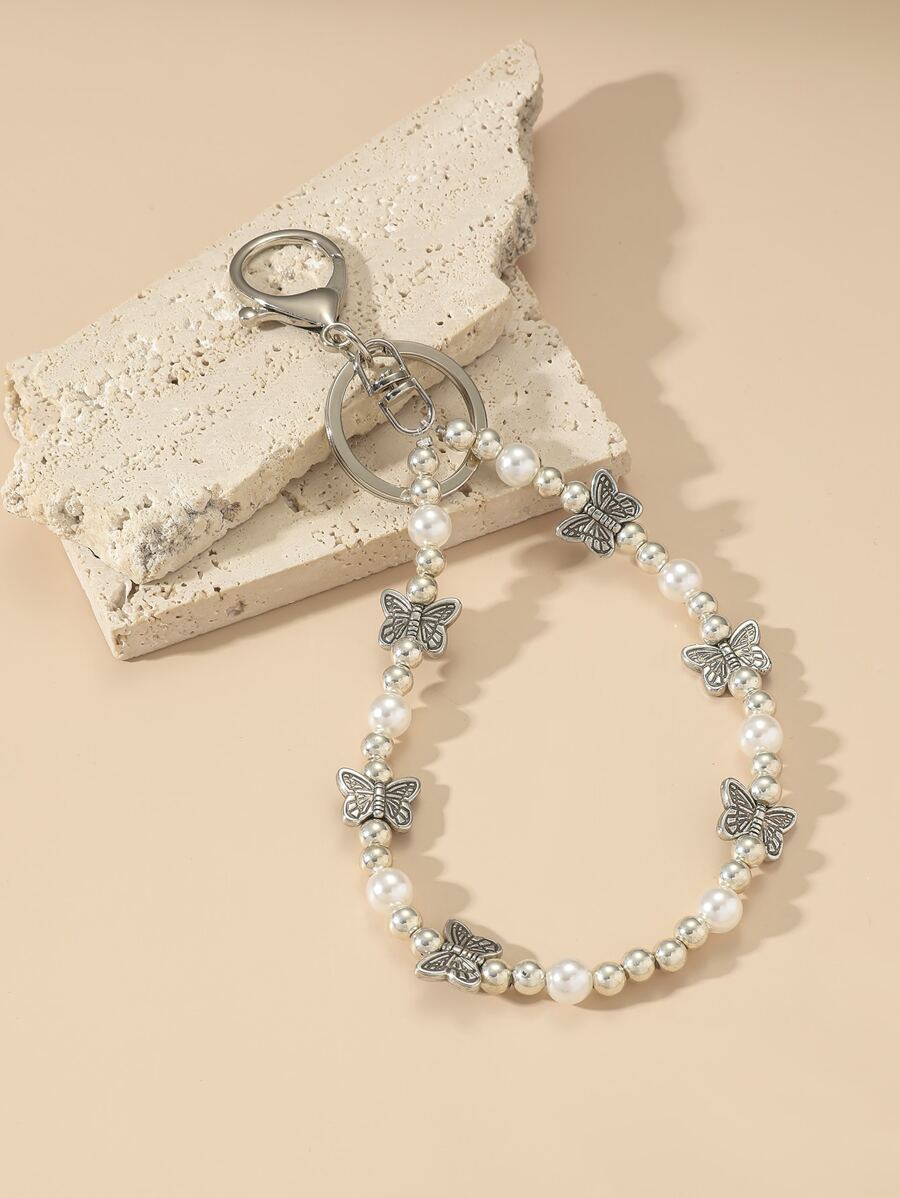 Móc khóa đính cườm trang trí hình bướm & ngọc trai giả - Nhiều màu - Xem 1