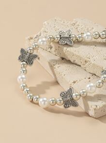 Móc khóa đính cườm trang trí hình bướm & ngọc trai giả - Nhiều màu - Xem 3