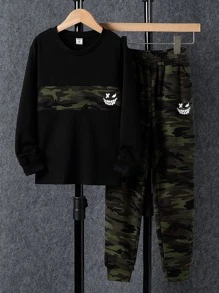 SHEIN Tween Boy Camo & Expression Print Pullover & Sweatpants - Multicolor - View 1