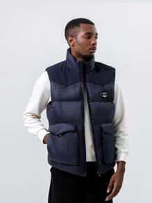Men Patched Detail Vest Padded Coat - Navy Blue - View 1