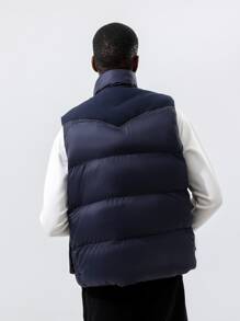 Men Patched Detail Vest Padded Coat - Navy Blue - View 2