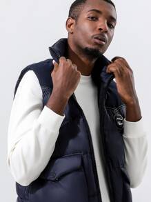 Men Patched Detail Vest Padded Coat - Navy Blue - View 3