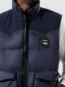 Men Patched Detail Vest Padded Coat - Navy Blue - View 4