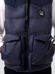 Men Patched Detail Vest Padded Coat - Navy Blue - View 5